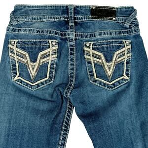 Vigoss Chelsea Boot Cut Jeans Women 27X32 Blue Fade Whiskered Jeweled Stretch
